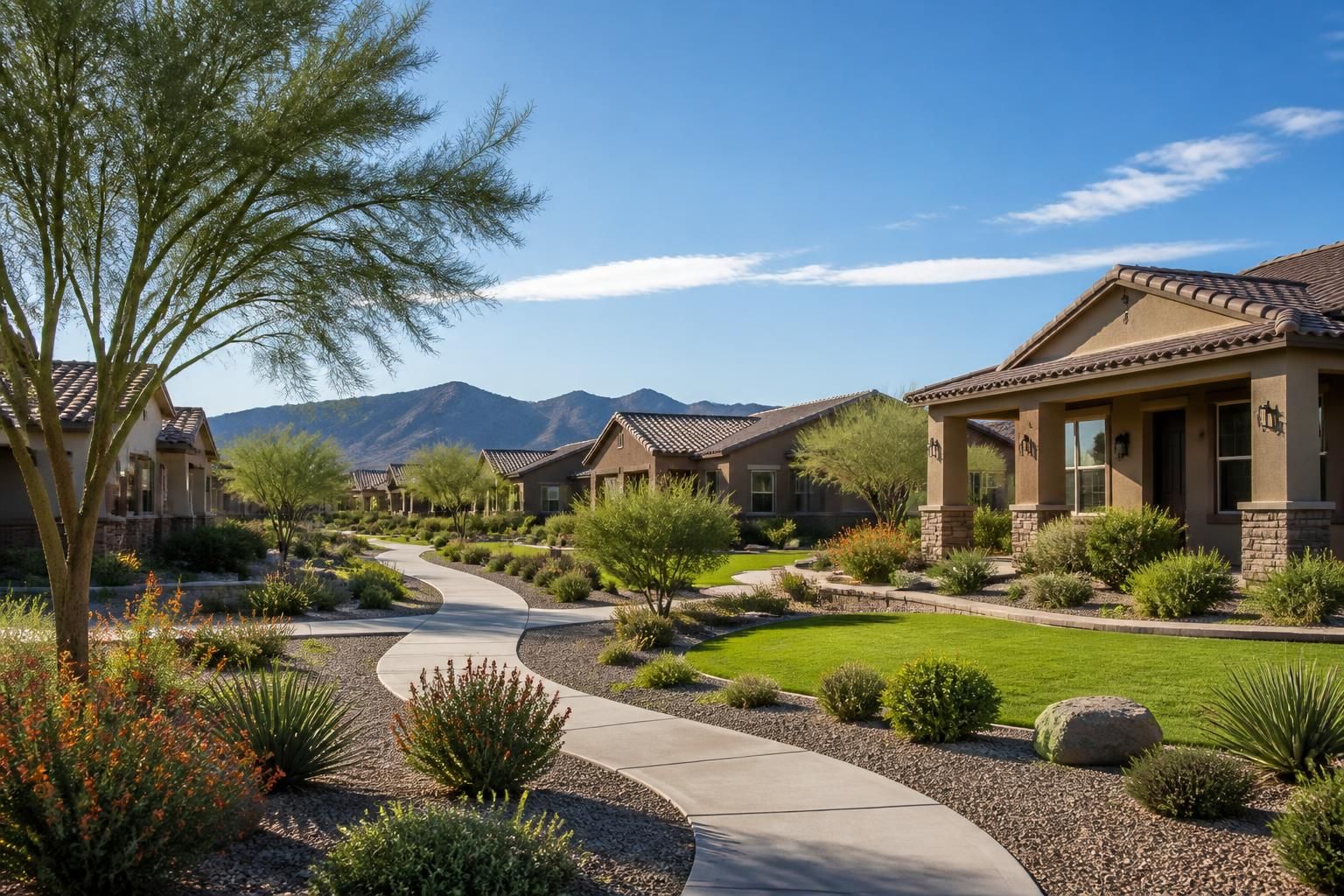 Master-planned community with desert shrubs and tidy homes.