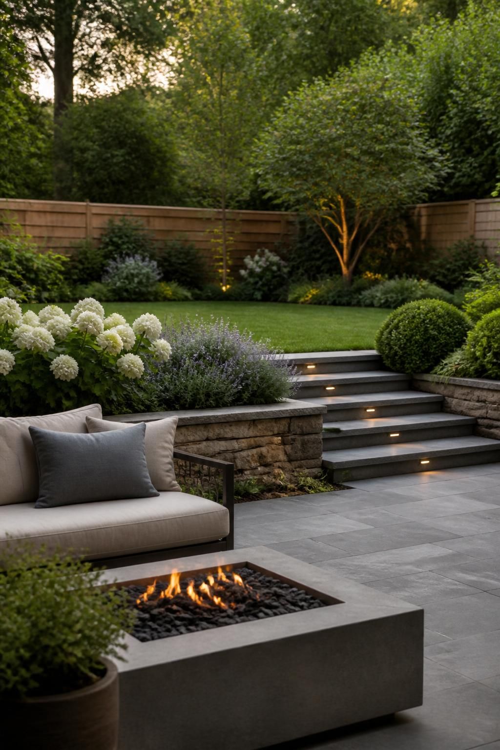 Modern backyard landscape with layered planting beds and patio.
