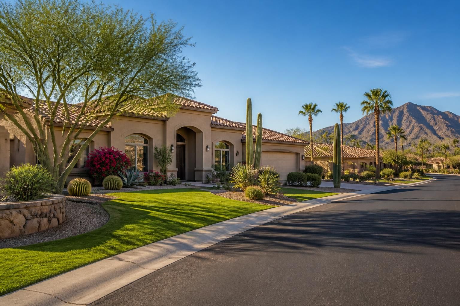 Desert neighborhood with spacious lots and tidy lawns.
