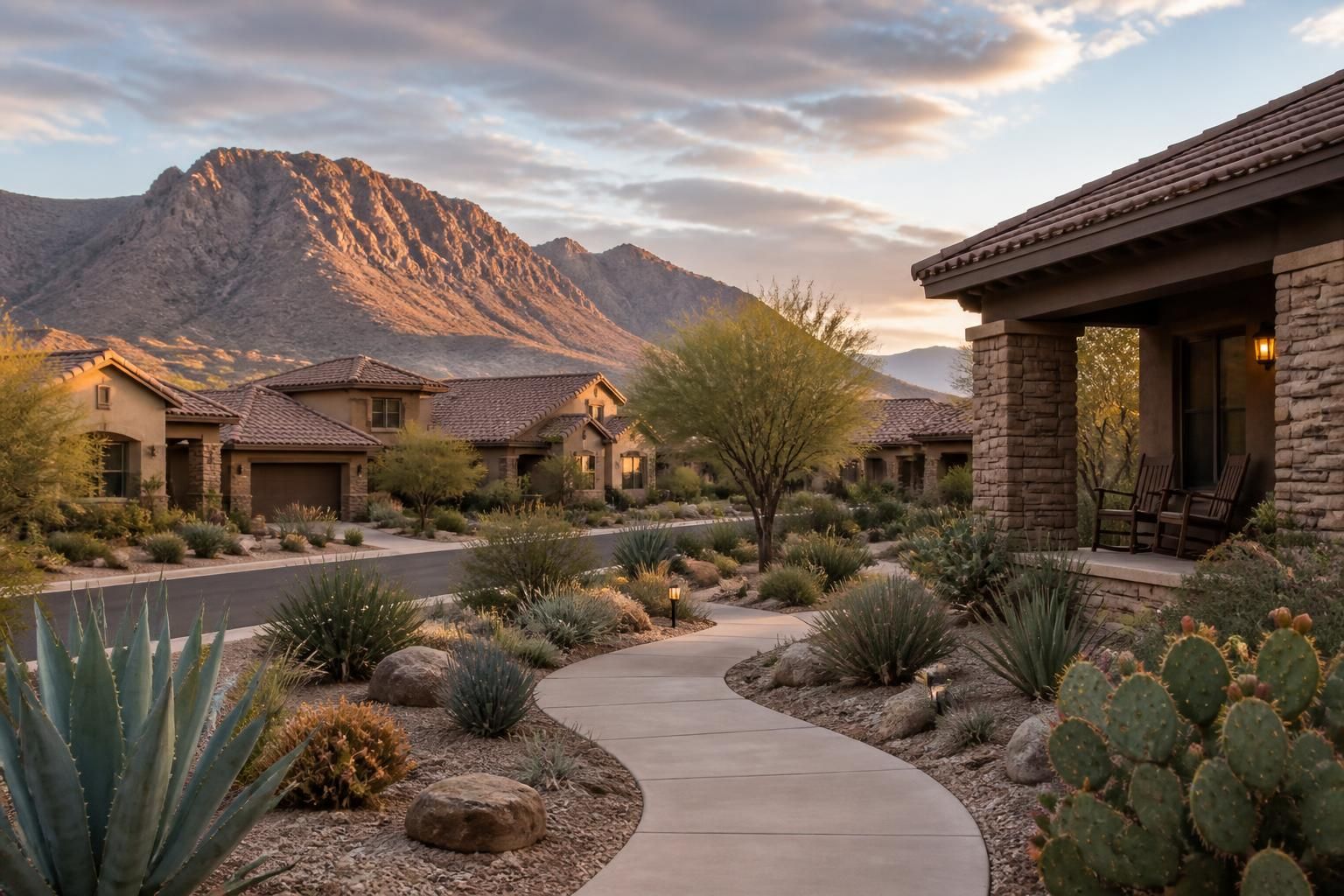 Desert community with rustic homes and thoughtfully maintained yards.