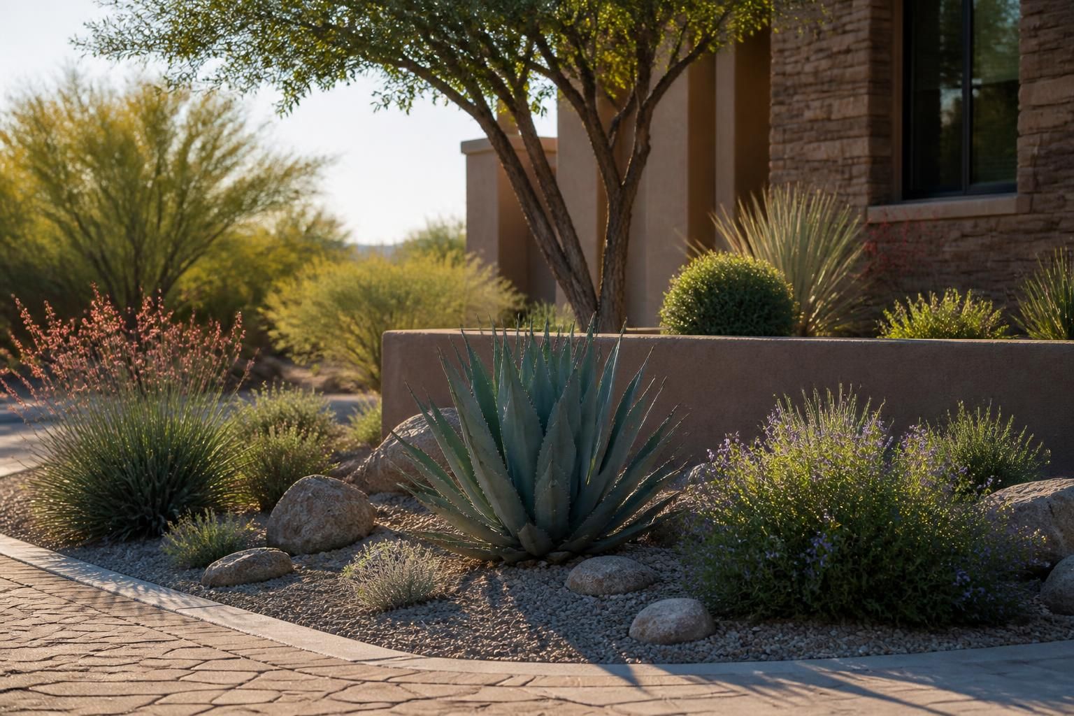 Finished desert-style landscape with paver edging and native plants.