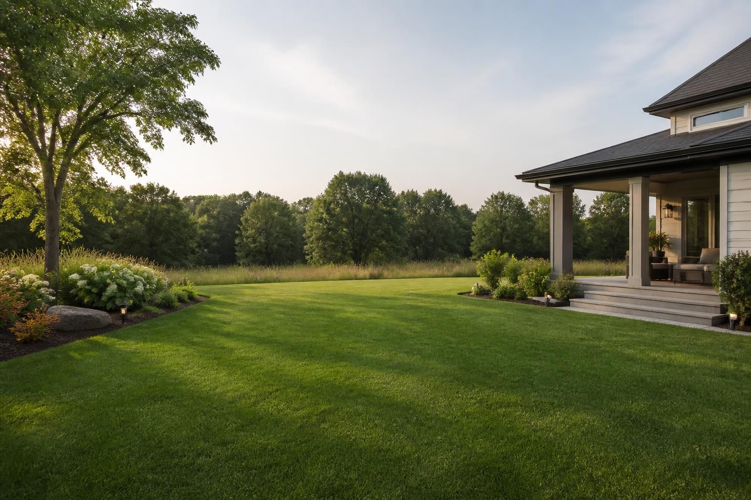 Finished residential yard with clean lawn lines and outdoor lighting.