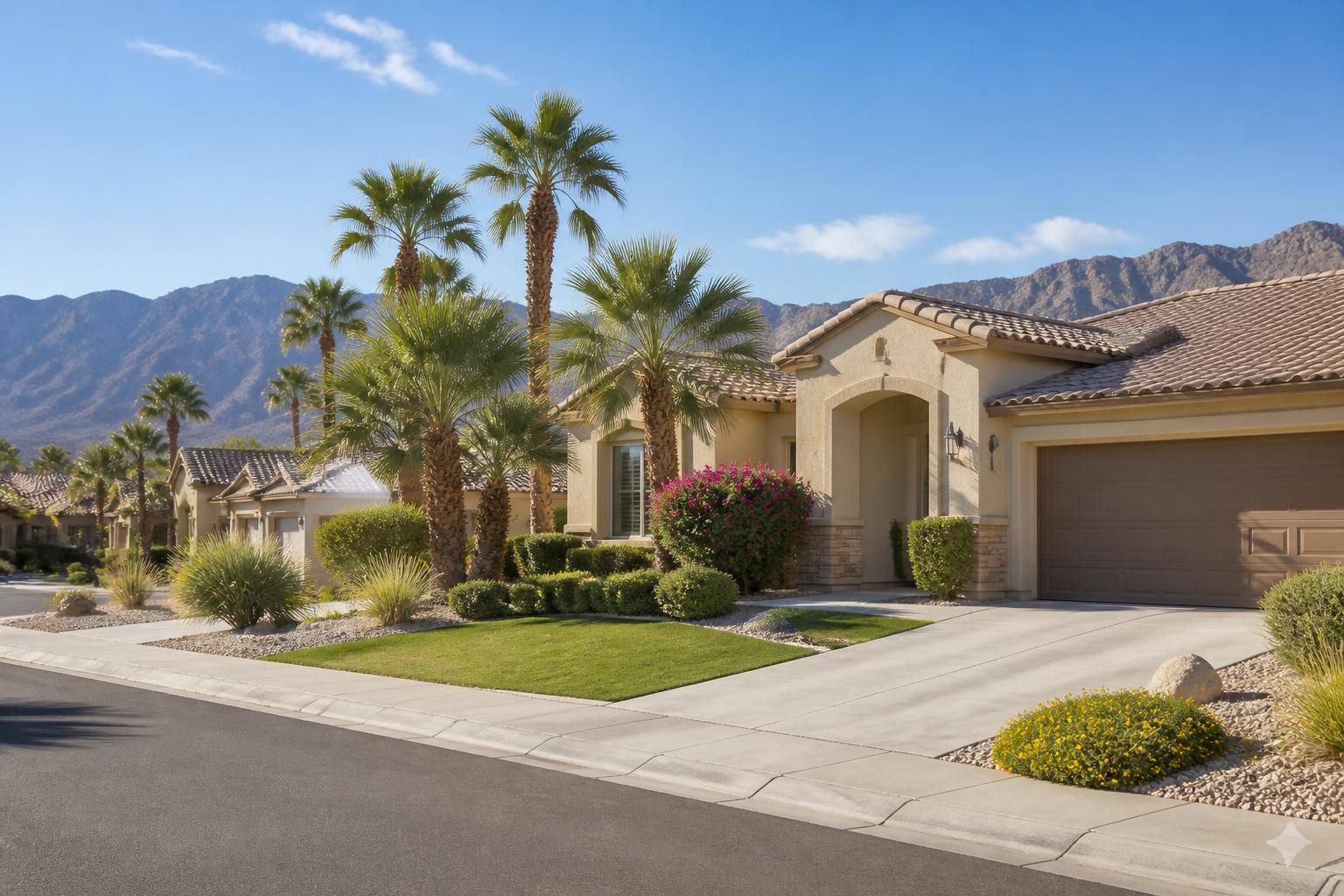 Suburban neighborhood with well-maintained yards and palm trees.