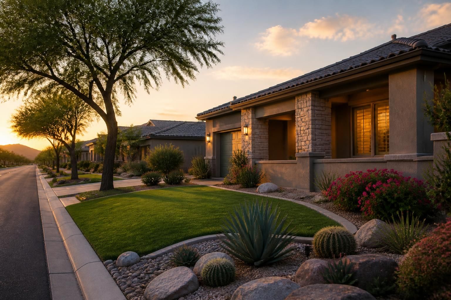 Neighborhood streetscape with manicured lawns and desert plants.
