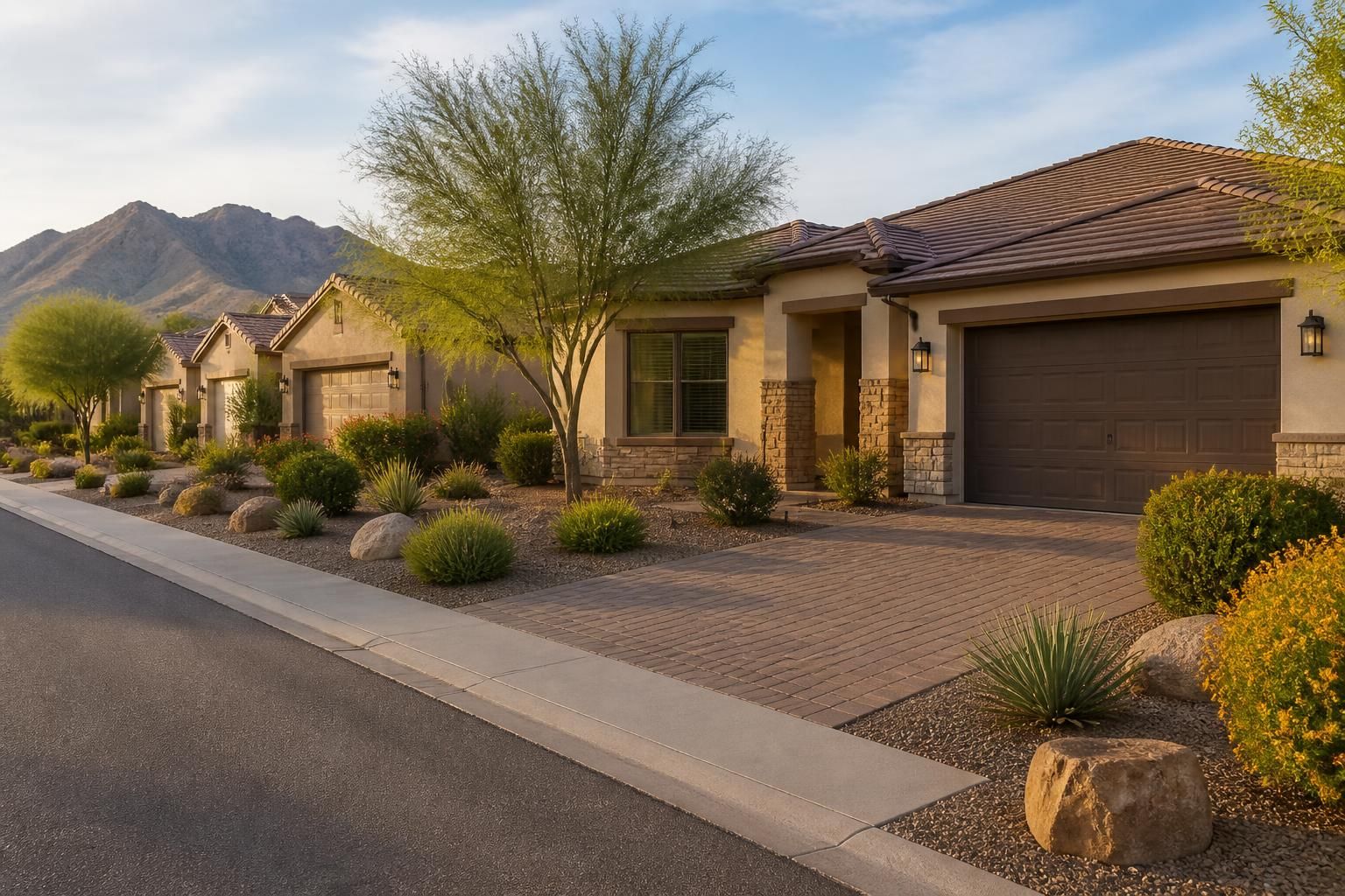 Suburban street with landscaped front yards and clean driveways.
