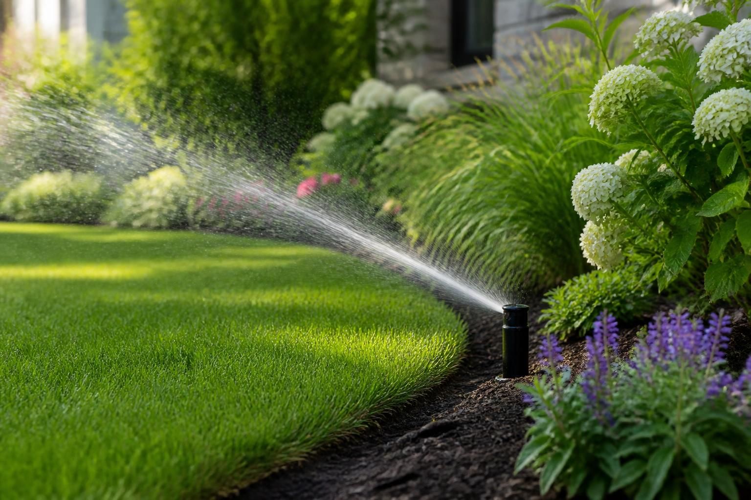 Finished irrigation system supporting a healthy landscaped yard.