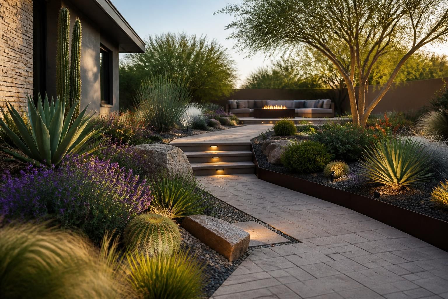 Finished landscape design with layered planting beds and paver walkway.
