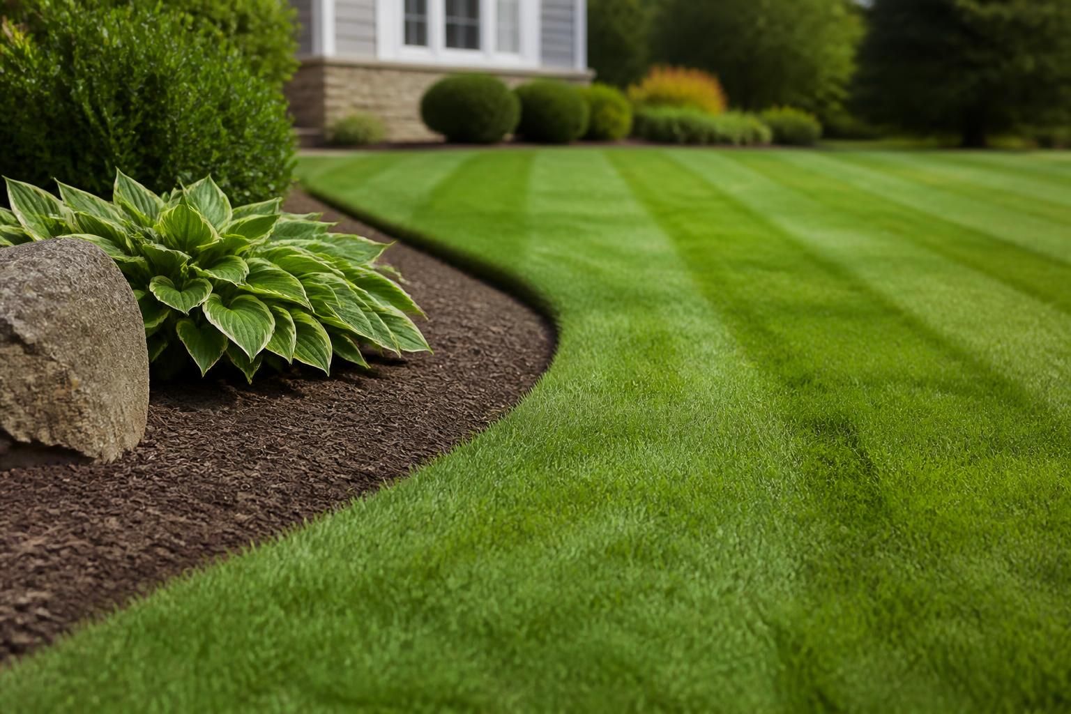 Freshly maintained lawn with crisp edges and mowing lines.