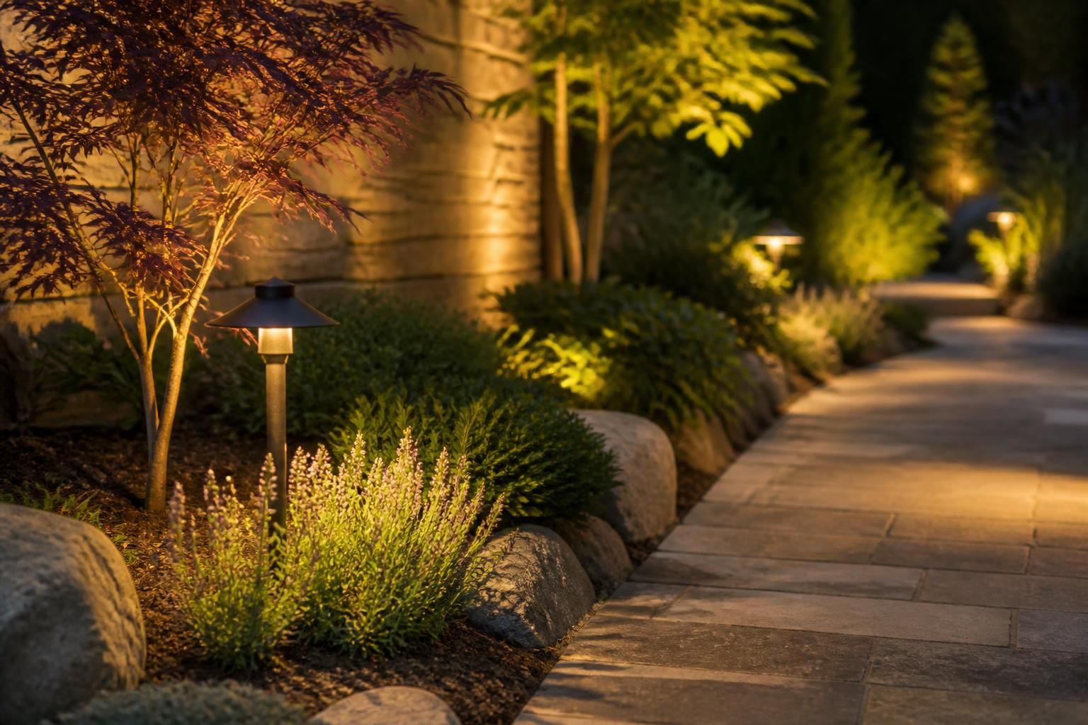 Warm outdoor lighting along a finished garden path at dusk.