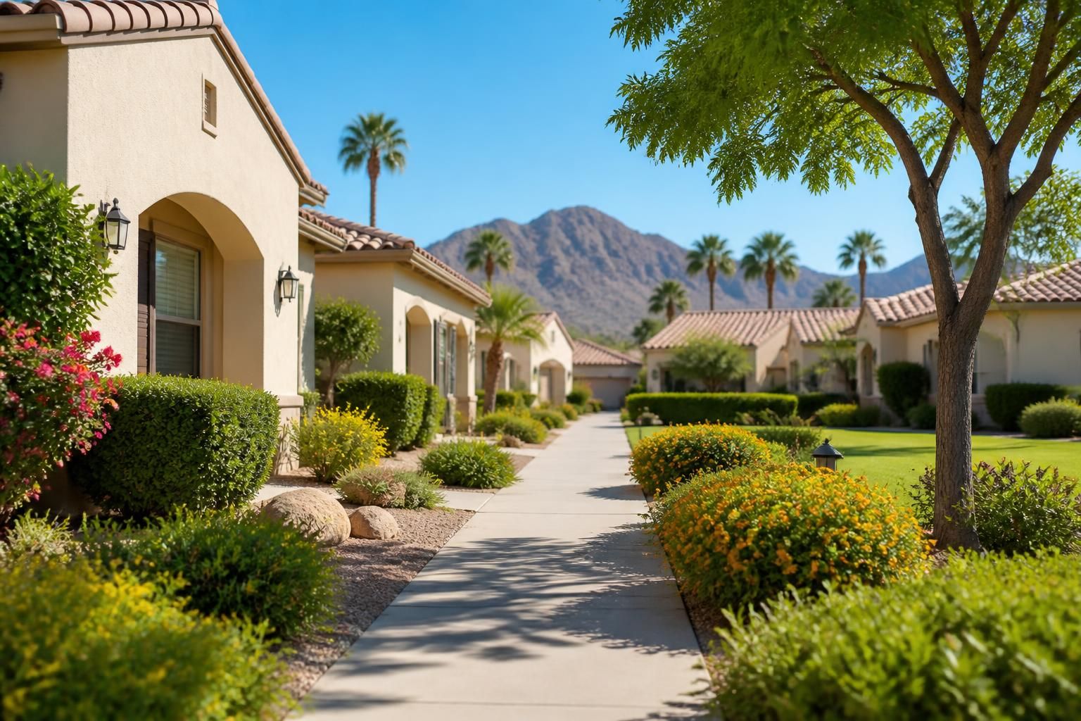 Residential community with neat sidewalks and trimmed hedges.