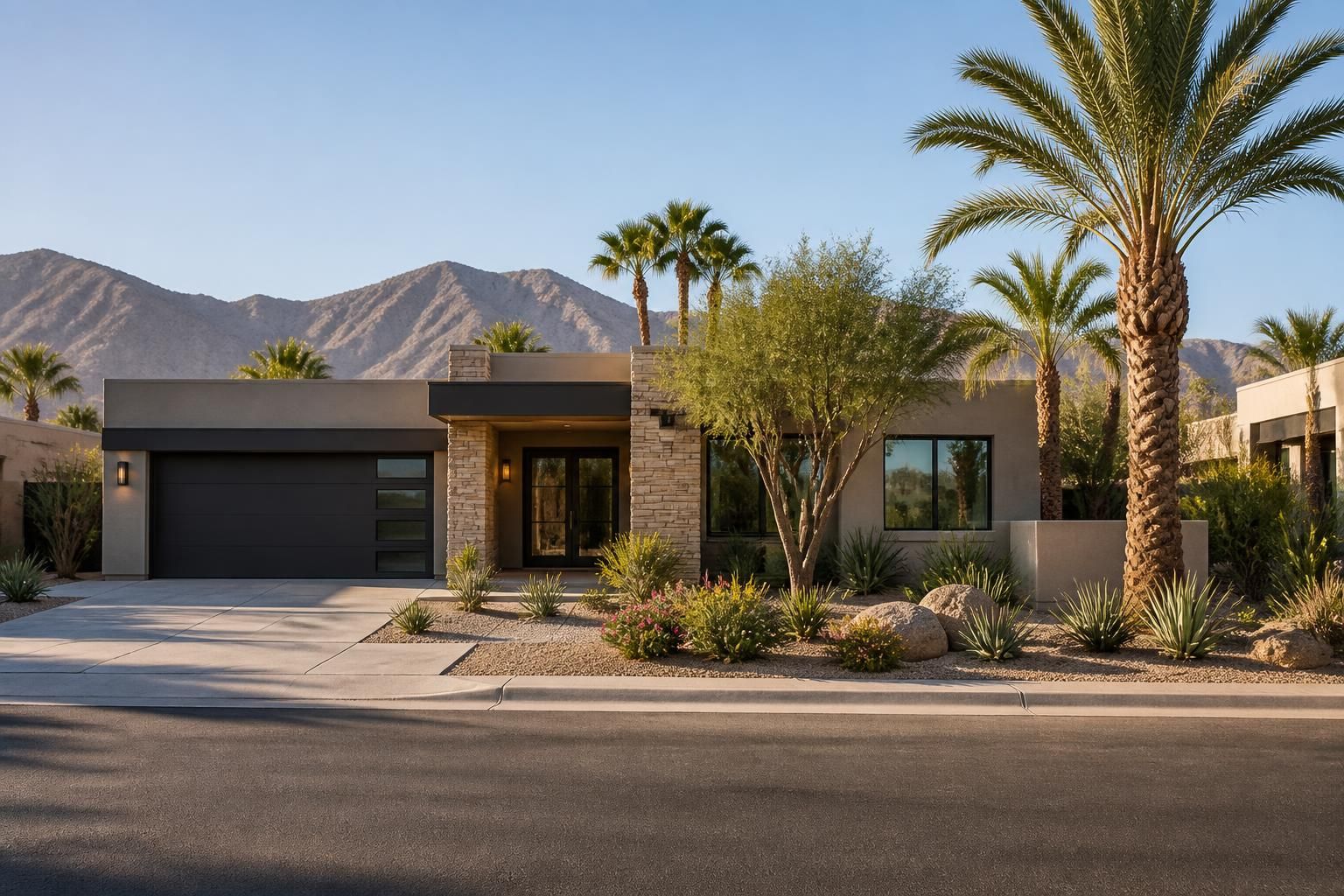Urban residential scene with modern homes and neat landscapes.