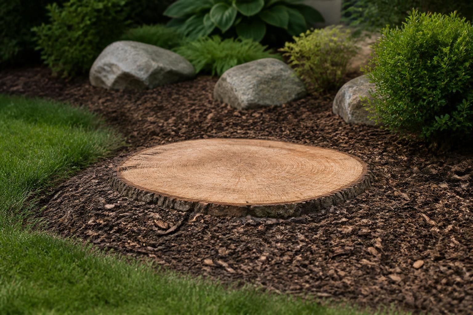 Freshly ground stump area left clean and level in a yard.