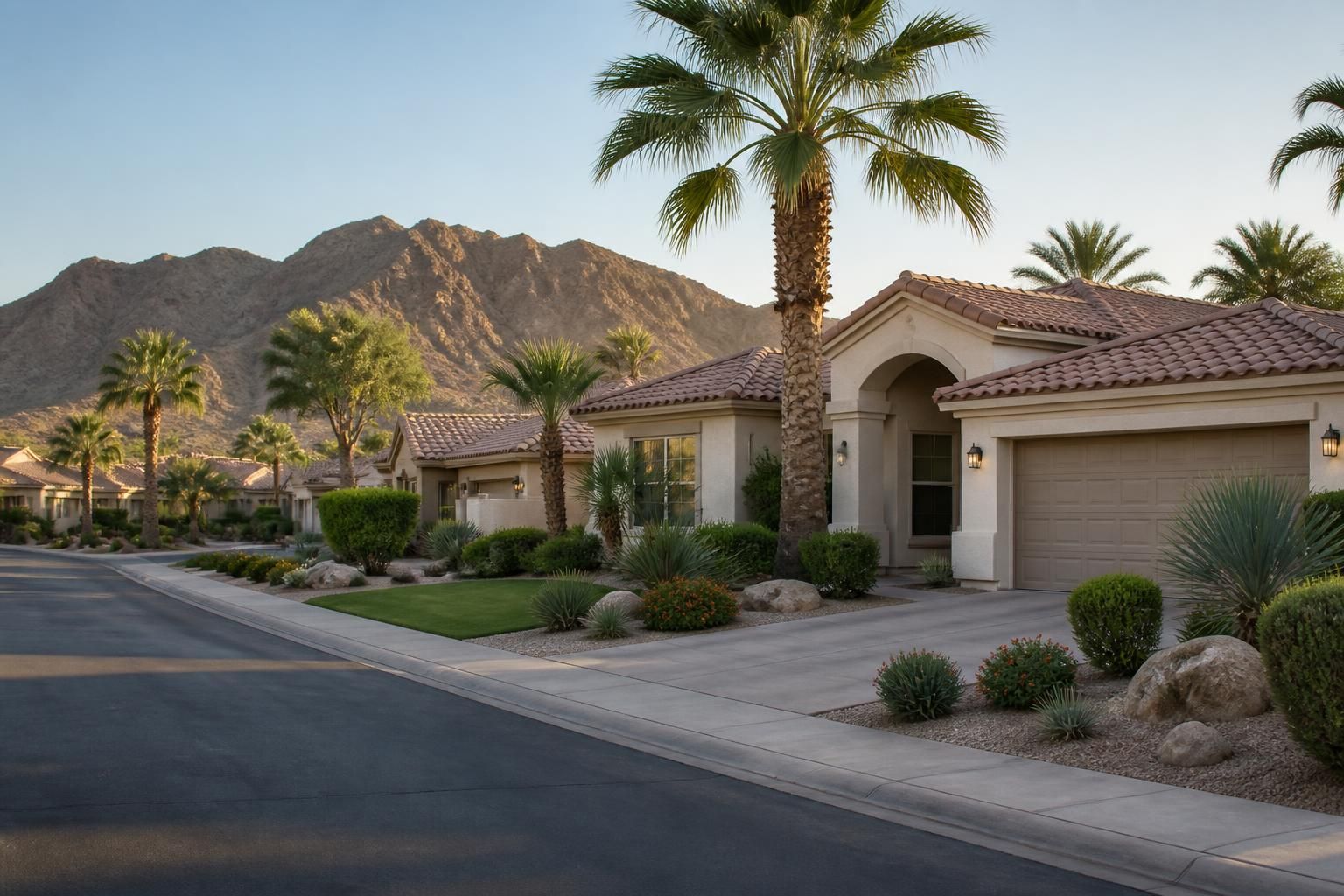Suburban desert neighborhood with tidy front yards and palms.