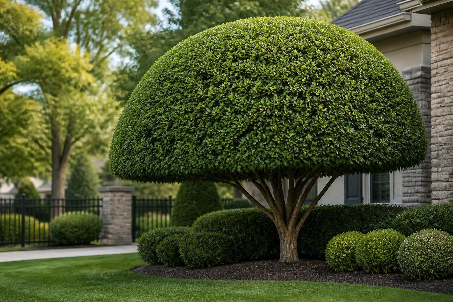 Neatly trimmed tree canopy above a tidy residential yard.
