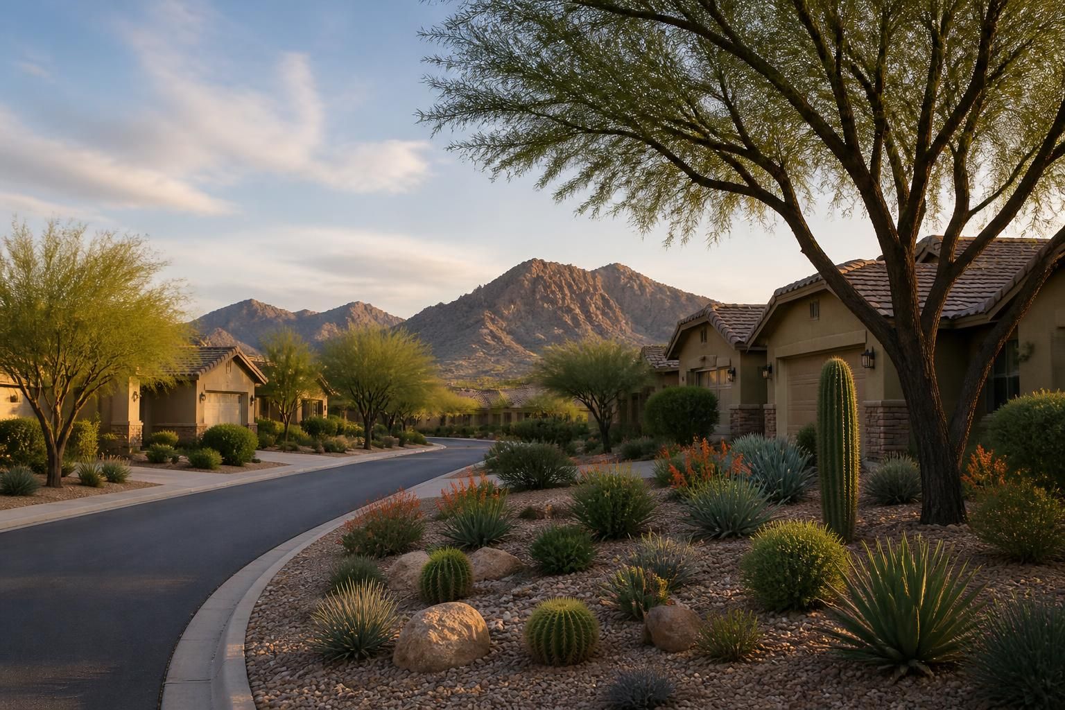 Suburban desert landscape with neat homes and desert-adapted plants.